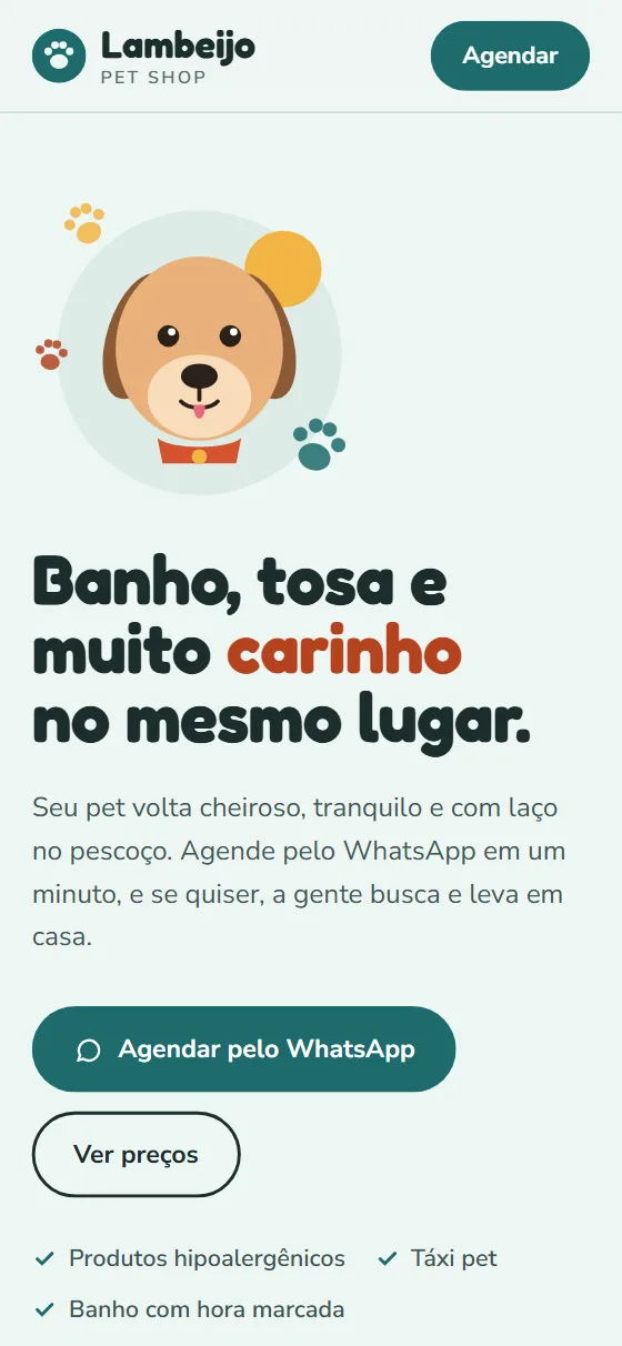 Site do pet shop Lambeijo no celular